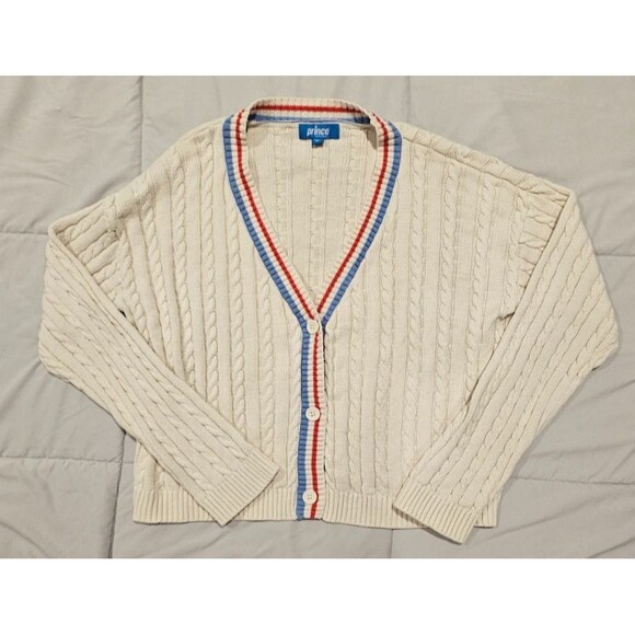 Prince Pickleball Cable Knit Cropped Cardigan in Ivory with stripes size XL - Picture 2 of 11